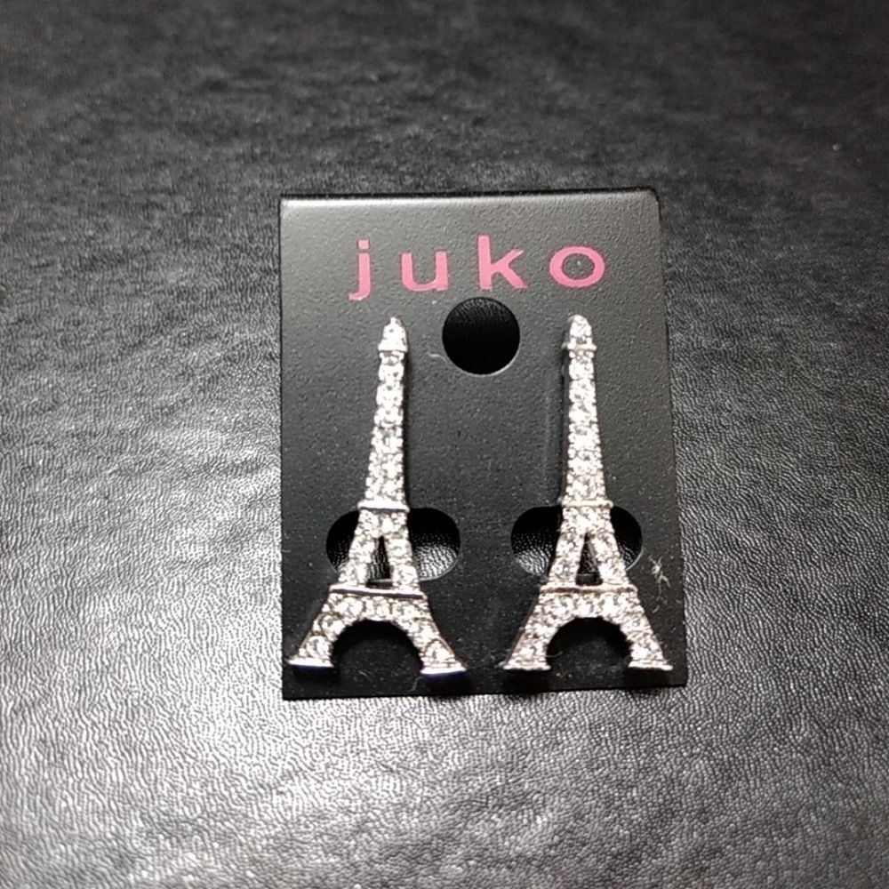 Juko Eiffel tower blingy earrings silver tone clear rhinestone